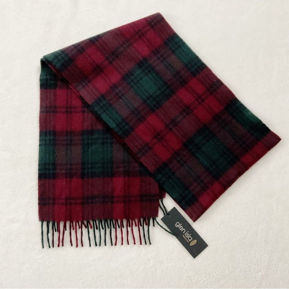 Glen Isla Scotland 100% Cashmere Tartan Plaid Scarf Burgundy Green NWT